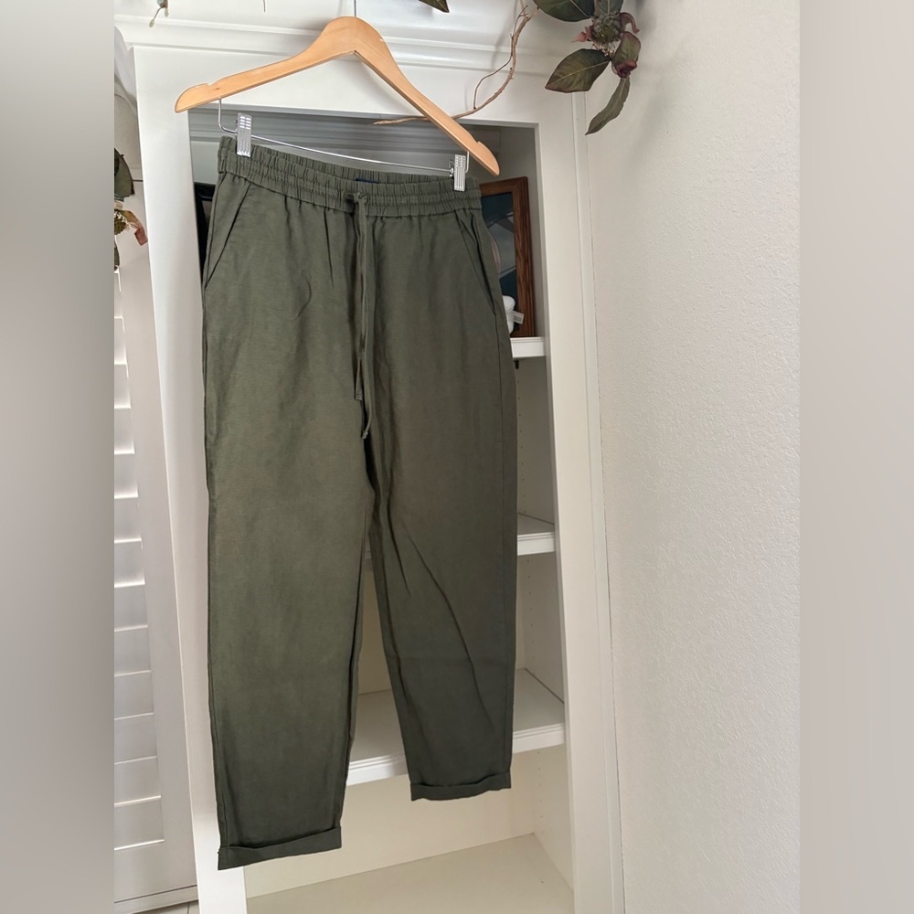 J. Crew Linen Cotton Blend Straight Leg Cuffed Drawstring Pant Olive Green 6